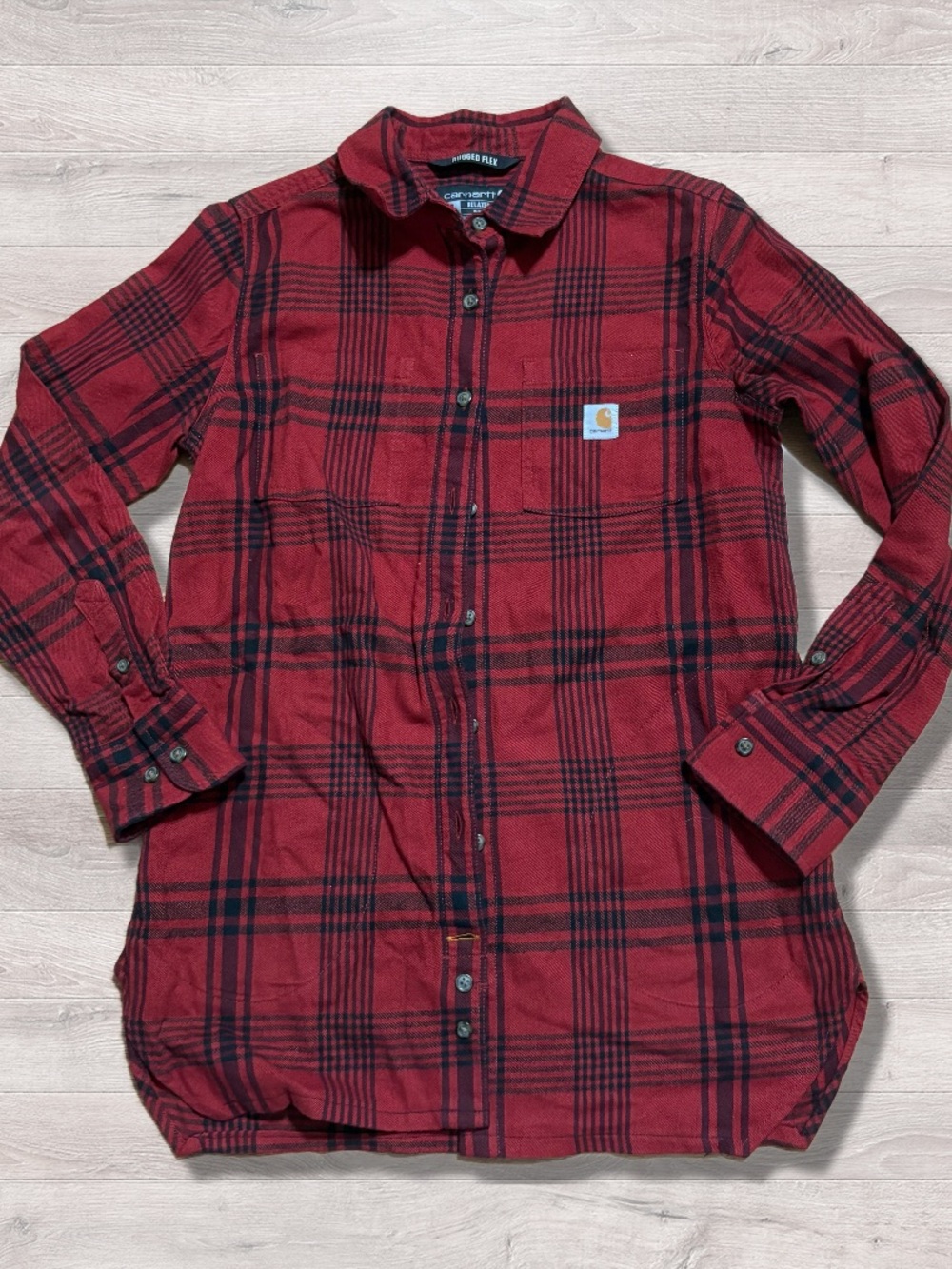 Carhartt Shirt Rugged Flex Relax Fit Women S 4-6 Red Black Plaid Flannel Pockets